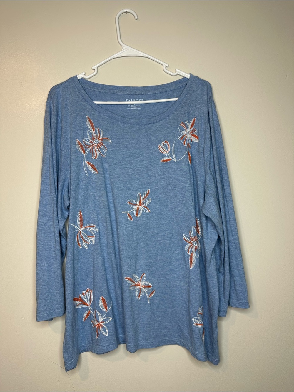 Talbots Blue Orange Floral Embroidered Long-Sleeve Women's Top Sz XL casual